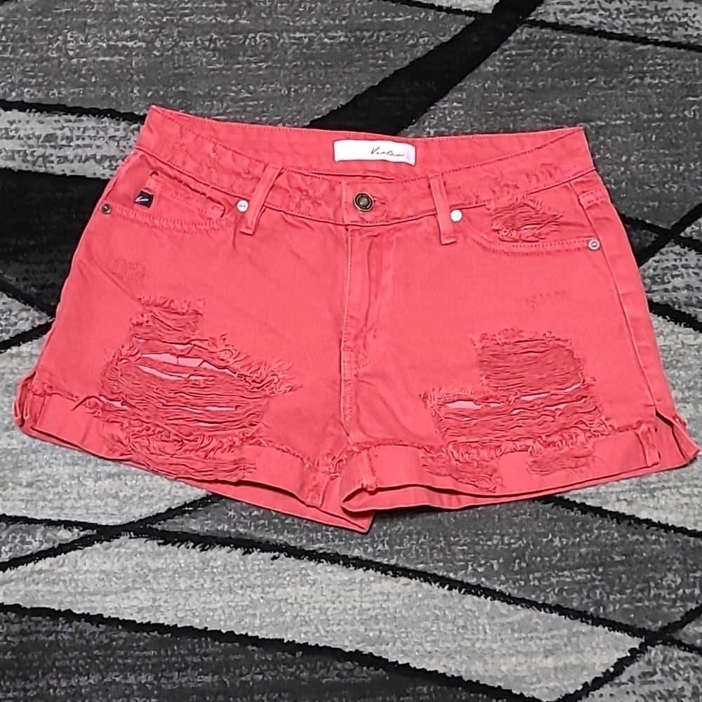 KANCAN RED DISTRESSED DENIM JEAN SHORTS